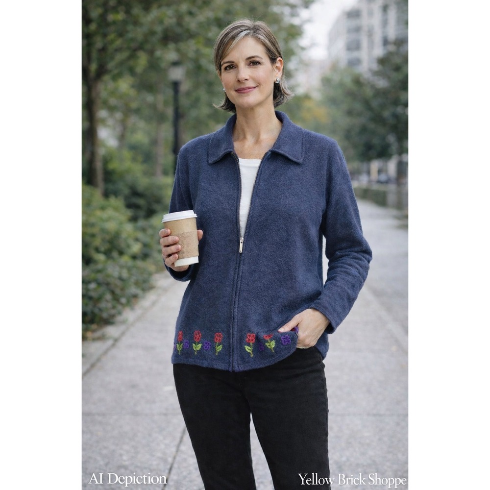Karen Scott Wool Zippered Sweater Jacket Floral Embroidery Size L